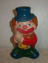 VINTAGE COLORFUL CLOWN PIGGY BANK 1970 NICE CONDITION ORIGINAL STOPPER T... - $14.84