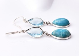 Sterling Silver Larimar &amp; Topaz Gems Handmade Beautiful Earring Women Gift ES - £45.59 GBP