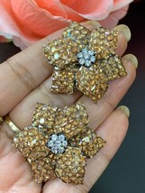 Indian Gold Plated Bollywood Style CZ Earrings Brown Studs Flower Jewelry Set - £67.22 GBP