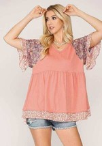 New GIGIO Size S M Rose Peach Floral Mix Ruffle Sleeve Babydoll V Neck Top - $26.00