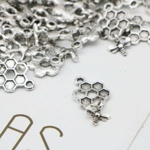 5 Bee Charms Honeycomb Pendants Antiqued Silver Dangle Set Insect Spring - £3.69 GBP