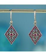 Natural Ruby and Diamond Vintage Style Geometric Drop Earrings in Solid ... - £479.01 GBP
