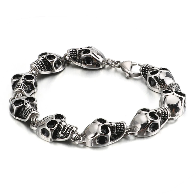 Skull Head Stainless Steel Bracelet Vintage Punk Skeleton Gothic Style Biker Cha - £28.88 GBP