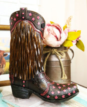 Rustic Western Cowboy Frill Fringe With Pink Stars Faux Leather Boot Vas... - $29.99