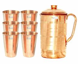 Prisha India Craft Pure Copper Jug 1300 ML with 6 Copper Glass Tumbler 4... - £61.29 GBP