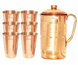 Prisha India Craft Pure Copper Jug 1300 ML with 6 Copper Glass Tumbler 4... - £62.59 GBP