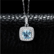 Genuine 925 Sterling Silver Sky Blue Topaz Halo Gemstone Pendant + Necklace - £27.45 GBP