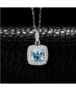 Genuine 925 Sterling Silver Sky Blue Topaz Halo Gemstone Pendant + Necklace - £27.64 GBP