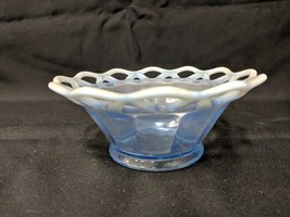 Vintage Blue Opalescent Glass Dish Bowl Basket Trinket Candy Lacy Open Edge - £23.73 GBP