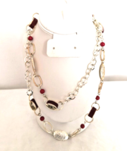 Women&#39;s Necklace Red Enamel Silver Color Chain Gold &amp; Silver Color Beads - £11.61 GBP