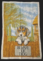 Vtg ULSTER Tea Towel BEAGLE &quot;Beware of Dog&quot; Linen Wall Art Irish Ireland Puppy - £15.03 GBP