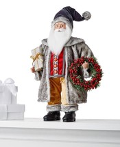 Holiday Lane 18&quot; Standing Santa in Gray Furry Coat Holding Red Berry Wreath - £39.54 GBP