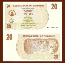 Zimbabwe P40, 20 Dollars, Bearer Cheque, Victoria Falls, UNC, 2007 - £1.60 GBP