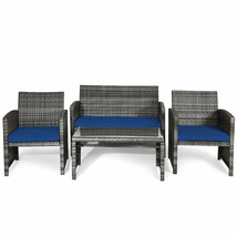 Patio 4PCS Rattan Furniture Set Conversation Glass Table Top Sofa Cushioned Navy - £301.21 GBP