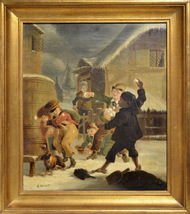 British Genre scene Unequal snowball fight 19th century Oil painting Signed - £631.49 GBP