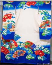 Blue &amp; White Silk Kakeshita - Wedding Uchikake Ladies Kimono - Long Japanese Bri - £128.59 GBP