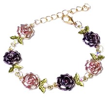 Purple Rhinestone Bracelet, Floral Rose Bracelet, Dainty Gold Bracelet, Gift for - £23.64 GBP