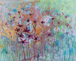 Original Watercolor Painting  8&quot; x 10&quot; Gold Burgundy Blue  Field of Flowers - $92.40 MXN