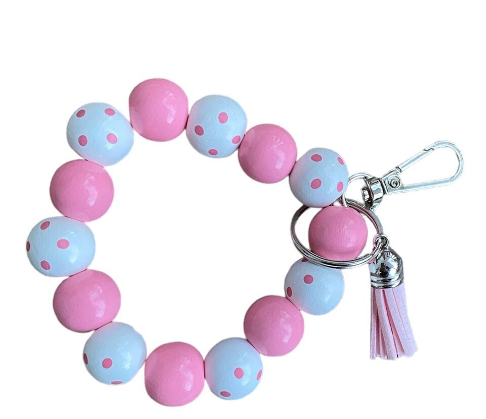 Pink And White Beaded Keychain Wristlet Bracelet - £11.85 GBP