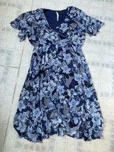 LANE BRYANT BLUE FLORAL PRINT FLUTTER SLEEVE FAUX WRAP MIDI DRESS SZ 16 - $27.76