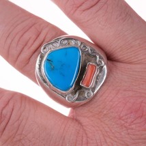 Sz12.5 Vintage Native American Sterling, turquoise, and coral ring - £192.46 GBP