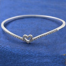  925 Sterling Silver Sparkling Heart Wishbone Bangle Bracelet - £27.30 GBP+