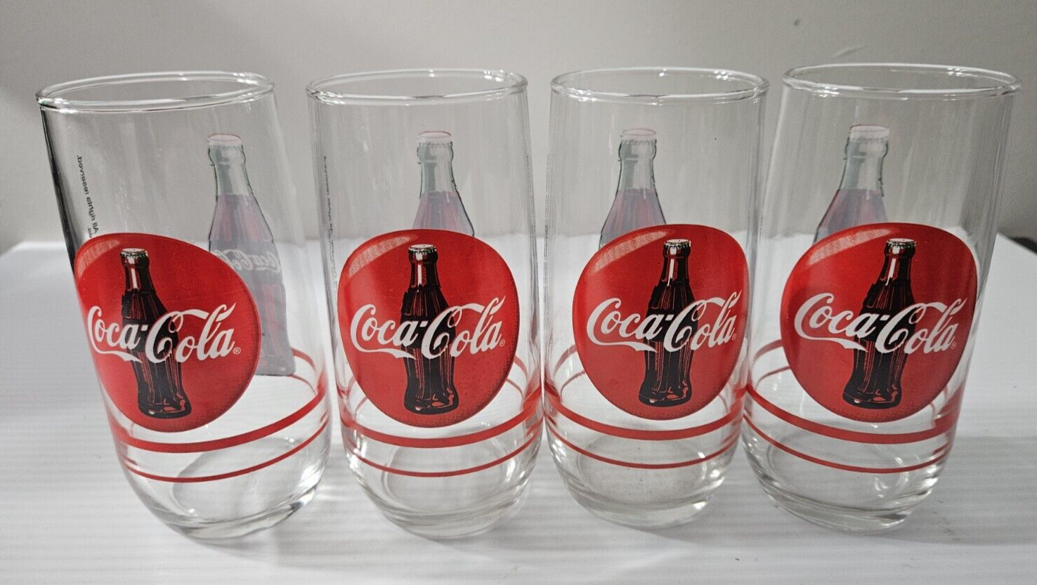 Primary image for Coca-Cola Drinking Glasses (Lot of 4) With Stripes and Coke Bottle logo c1989