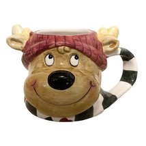 Holiday Reindeer Hot Chocolate Soup Mug Candy Dish Handle Red Green Beige - £6.18 GBP