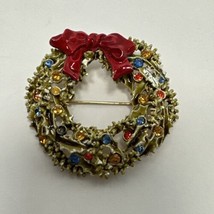 Vintage Enameled Christmas Wreath Pin/brooch- marked ART- colored Rhinestones - £8.58 GBP