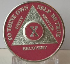 Pink &amp; Silver Plated 10 Year AA Chip Alcoholics Anonymous Medallion Coin X Ten - £16.39 GBP