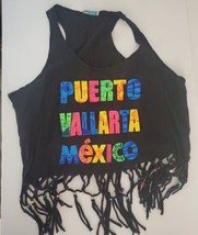 Senda G Vintage Puerto Vallarta Mexico Black Colorful Tank XL Cropped Beaded - £11.86 GBP