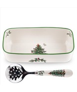 Spode Christmas Tree Fine Porcelain 8&quot; Cranberry Server with 6.5&quot; Slotte... - £55.64 GBP