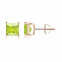 Natural Peridot Square Solitaire Stud Earrings in 14K Gold (Grade-A , 6MM) - £243.88 GBP