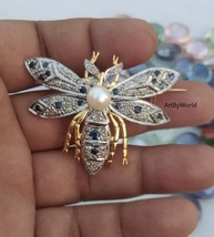 Bee!! Victorian Rose Cut Diamond Blue Sapphire Pearls 925 Sterling Silver Brooch - £261.85 GBP