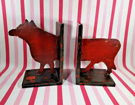 Neat Farmhouse Folk Art &amp; Chippy Design Cut Out 2pc Tin Cow Bookend Set  - £30.46 GBP
