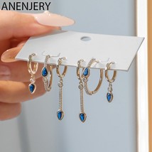 Silver Color Copper Blue Zircon Drop Tassel Hoop Earrings for Women Handmade Uni - £11.27 GBP