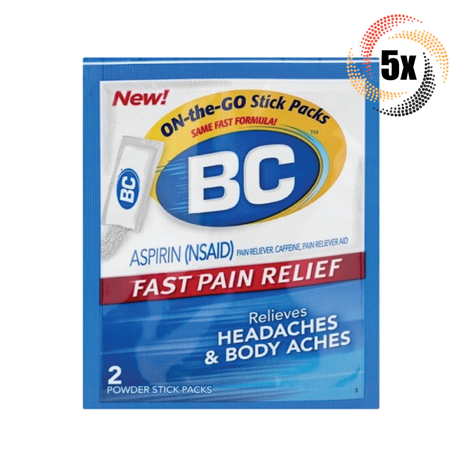 5x Packs BC On The Go Powder Sticks Aspirin Fast Pain Relief - 2 Sticks ... - $11.92