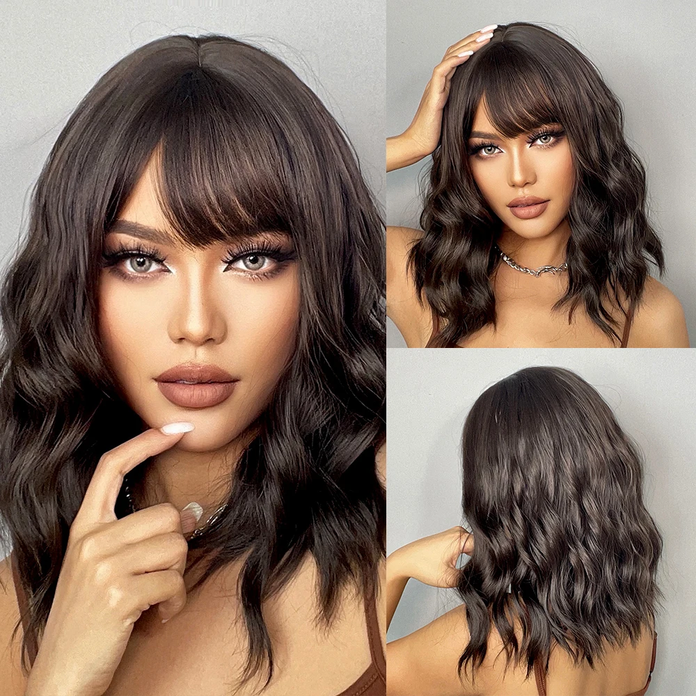 HENRY MARGU Dark Brown Natural Wave Synthetic Wig with Bangs for Black Wom - £8.17 GBP+