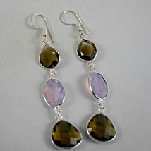 Sterling Silver Smoky &amp; Rose Quartz Gemstone Handmade Fantastic Lovely Earring - £30.64 GBP