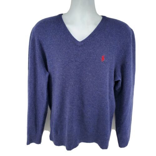 Primary image for Polo Ralph Lauren Lambs Wool Sweater Size L Blue Long Sleeve V Neck