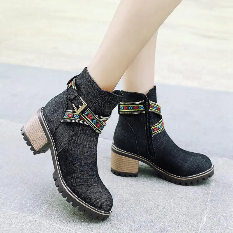 ASILETO denim boots zip ankle boots for women booties boy jeans thick heels shoe - £96.97 GBP