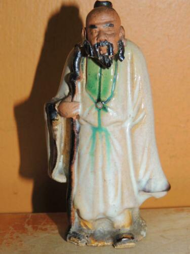 Chinese Mud Man Men 3.5&quot;+ thin white crackled glaze staff Mudman Antique... - $49.49