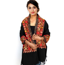 Women Kashmiri Black Stole Multi Color Flower Embroidered Wool Shawl Cas... - £61.99 GBP