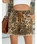 Raw Hem Drawstring Leopard Denim Shorts - $51.53 CAD