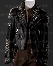 New Mens Handmade Black Silver Metallic Spiked Studded Zippered Leather Jacket-2 - £284.26 GBP