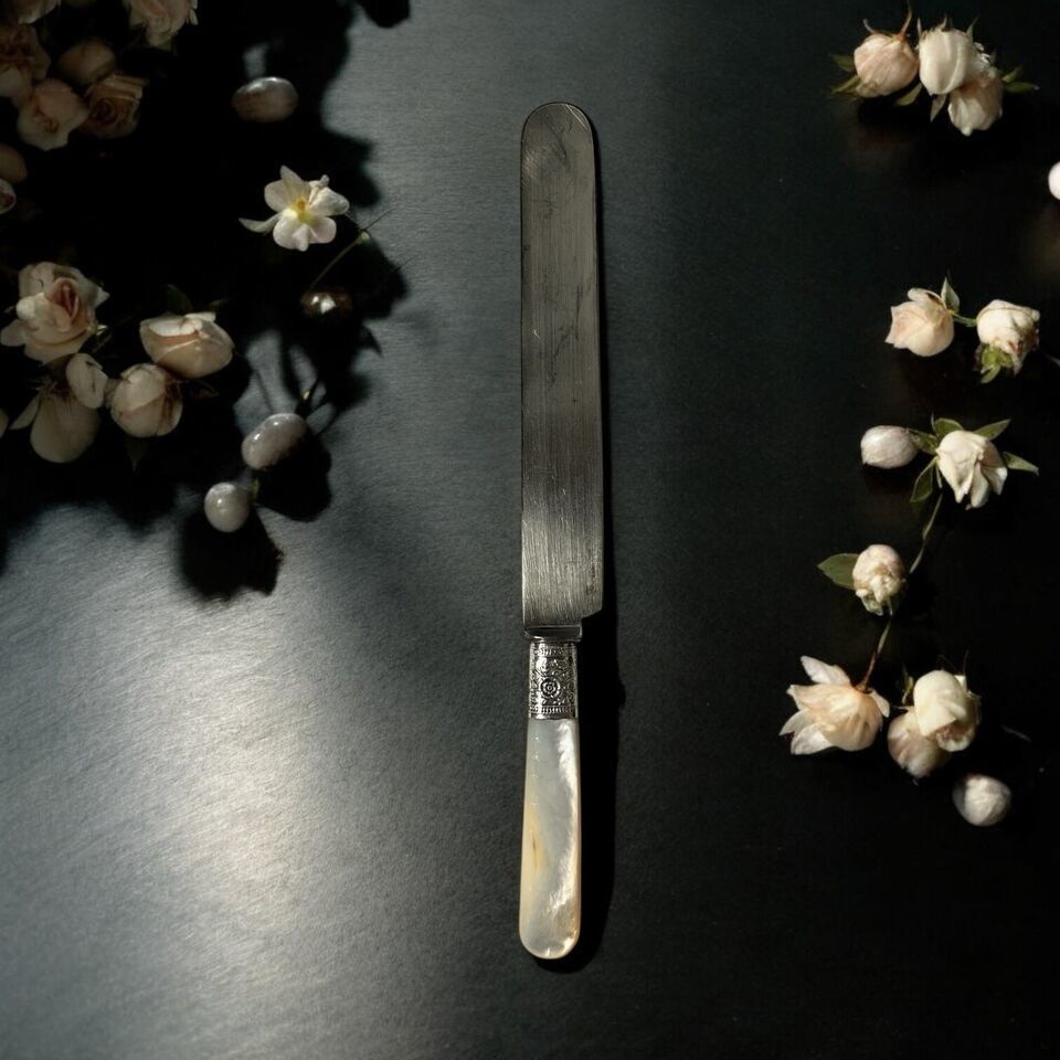 Antique Victorian Mother of Pearl Handle Sterling Band Blunt Dinner Knif... - $19.54