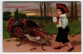 Thanksgiving Postcard Wild Turkeys Child PFB Germany Vintage Serie 8429 Embossed - £8.98 GBP