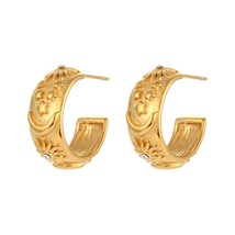 2022 New Thick Embossed Moon Sun Star Pattern Chunky Hoop Earrings For Female Wo - £9.00 GBP