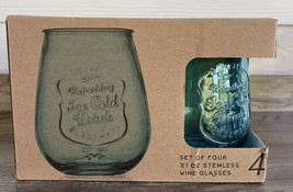 21oz Retroware Set Of 4 Aqua Blue Embossed Stemless Wine Glasses NIB Gla... - $25.96