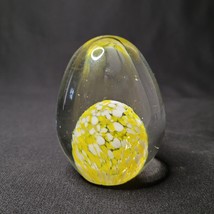 Yellow White Speckled Mottled Egg Shaped Art Glass Paperweight - $11.87